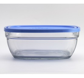 Boite carree en verre duralex 20x20cm + couvercle bleu